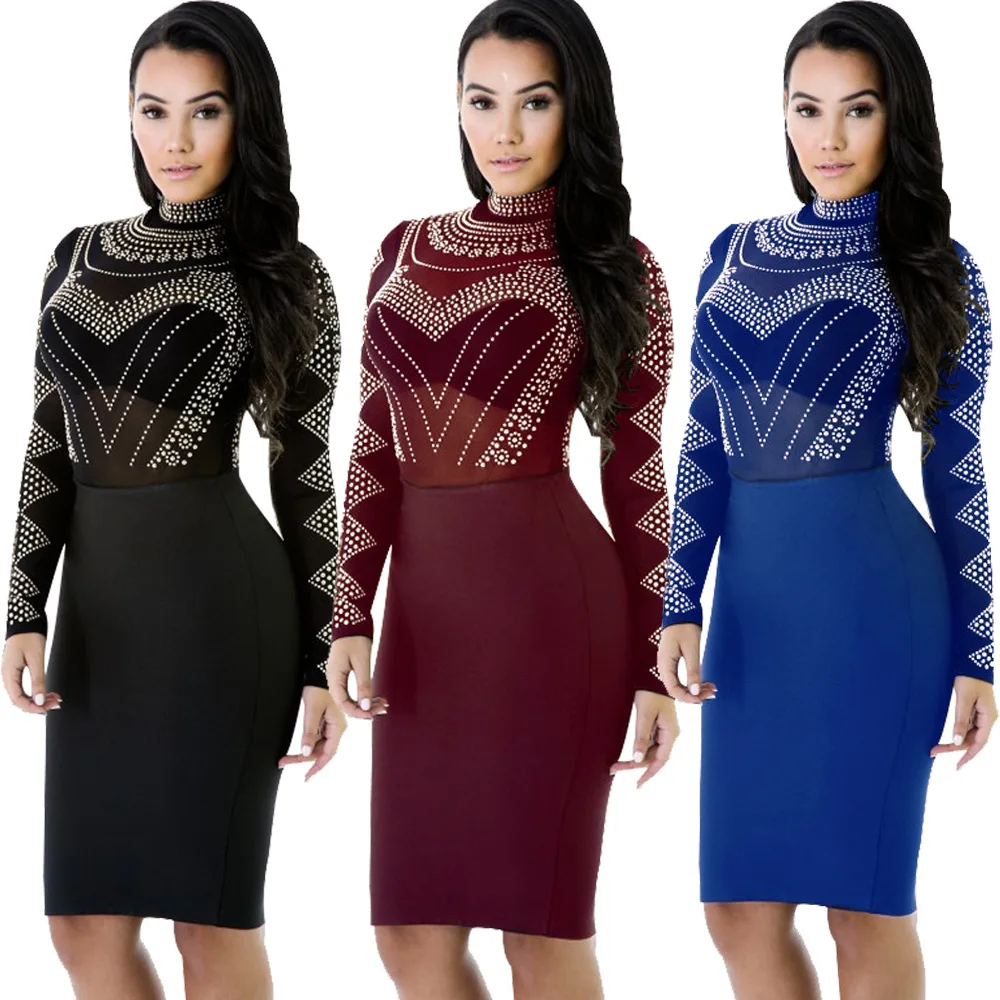 Women's explosions perspective sexy slim dress long sleeve fall/winter nightclub evening in shiny vestidos fall |