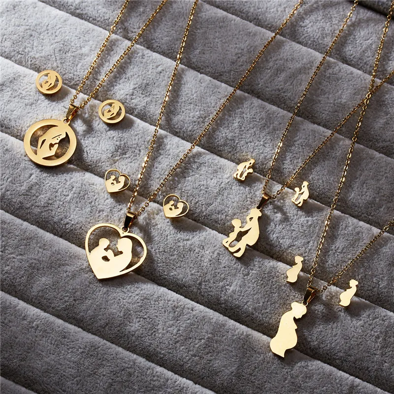 Нержавеющая сталь мама семья кулон ожерелье Комплект сережек для женщин