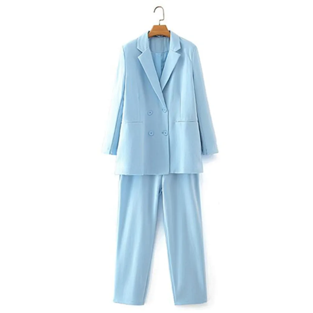 

Костюм брючный женский осенний, профессиональный офисный Блейзер, облегающий синий пиджак и брюки, комплект из двух предметов
