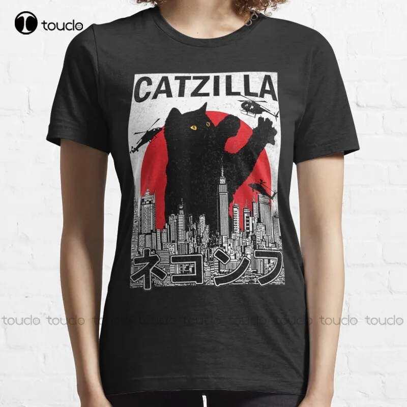 

Новинка, футболка Catzilla в японском винтажном стиле заката, кошка, любимый, хлопковая футболка, Женская гавайская рубашка