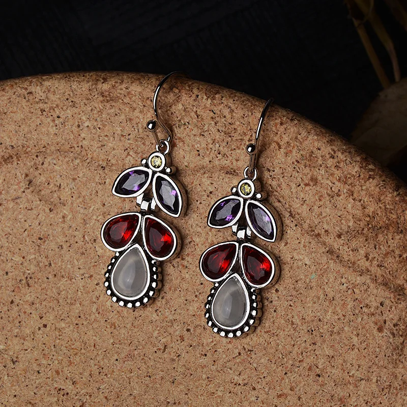Boho винтажные женские маленькие висячие серьги с камнем в форме цветка, CZ серьги, этнические индийские украшения, античный серебряный цвет DBE046