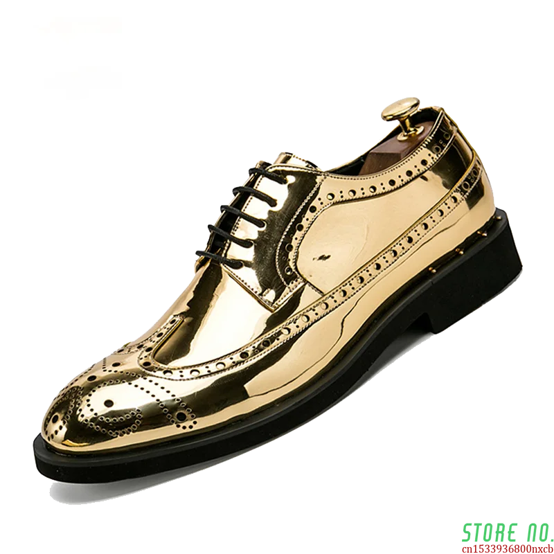 

Gold Silver Color Design Brogue Oxford Shoes For Men Italian Formal Ballroom Dress Footwear New Males Patent Leather Flats Shoes