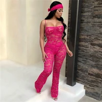 Sexy Women Lace Floral Jumpsuits Sleeveless Strap Low-cut Bodycon Romper Ladies See-through Slim Long Pants Leotards Jumpsuits 4