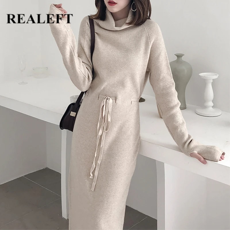 

REALEFT Autumn Winter Warm Knitting Women's Straight Dresses 2021 New High Waist Lace Up Long Sleeve Midi Sweater Dress Female