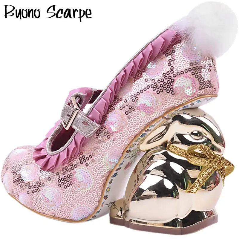

Bling Sequins Wedding Shoes Stdudds Belt Prom Pink Glitter Rabbit Heels Pumps Novelty Strange Heel Bling Dress Shoes Sweet Shoes