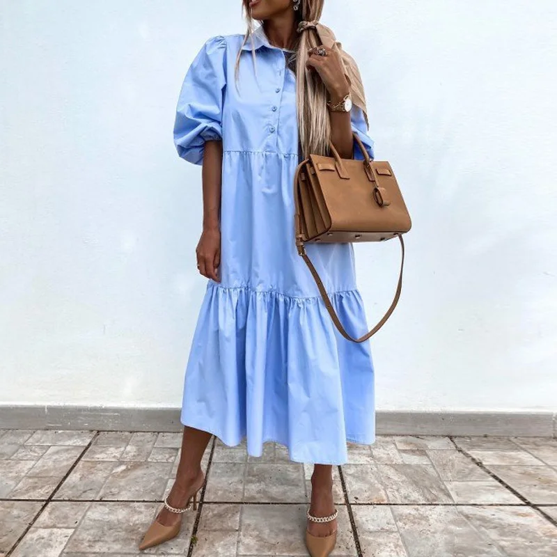 

Puff Short Sleeve Loose Lady Dress 2021 Spring Summer Casual Elegant Solid Patchwork Oversize Hem Ruffles Midi Dresses For Women