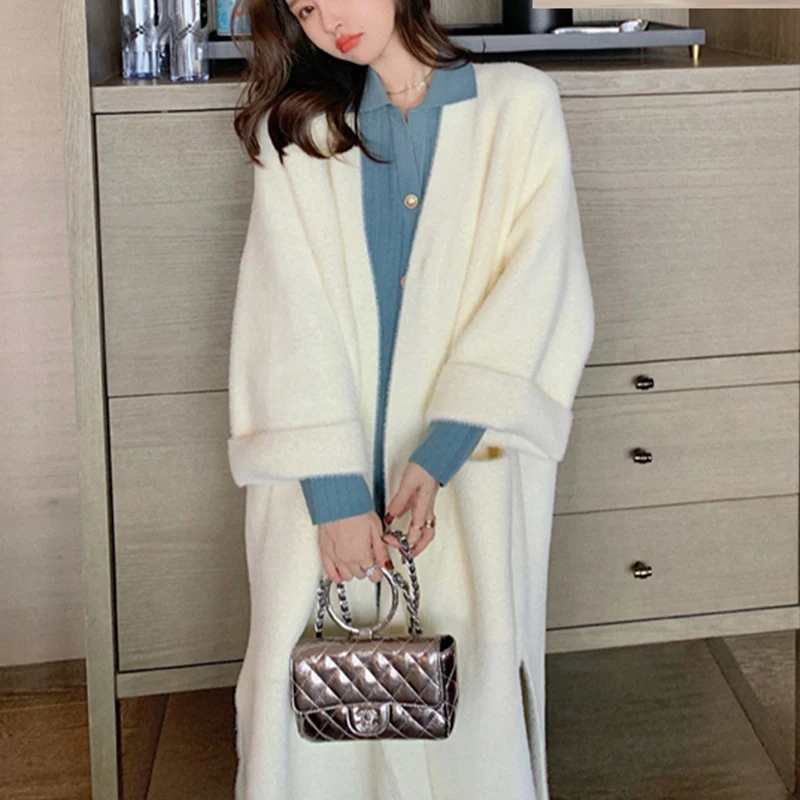 

SuperAen New Mink Sweaters Autumn Winter Solid Loose Knitted Cardigan Casual V Neck Full Women's Coat