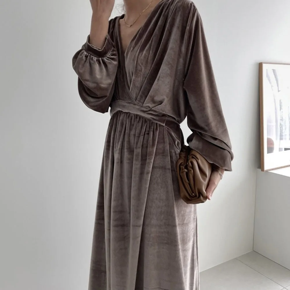 

Women Fashion Cotton Dress Fashion Casual Long Sleeve V-neck Solid Pullover Patchwork High Waist Fall Lady A-line Dress With Bel