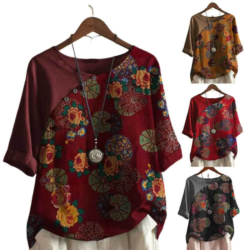 

Womens Loosen Casual Flower Print V-neck Tops Ladies Summer 3/4 Sleeve Blouse