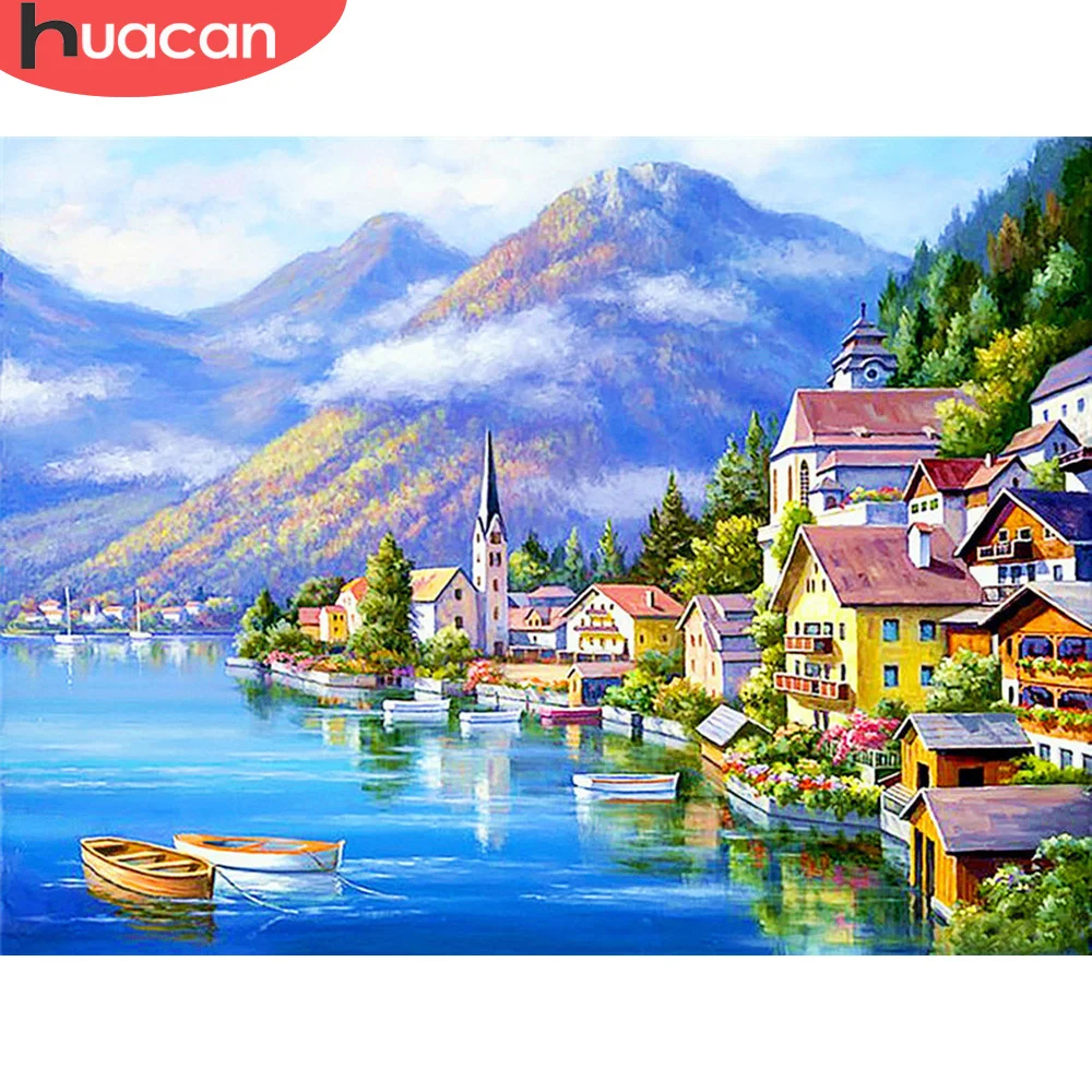 

HUACAN 5D DIY Diamond Painting Cross Stitch Town Painting Rhinestone Ship Full Square Diamond Embroidery Seaside Decoration