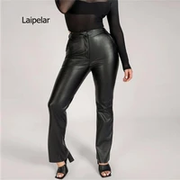 high waist pu leather women jogger pants fashion casual pockets straight wide leg loose pants brown vintage trousers 2021