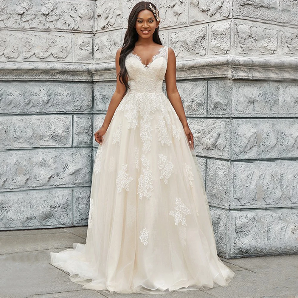 

Elegant A-Line Tulle Wedding Dress Sexy Deep V-Neck Sleeveless Lace Appliques Sweep Train Bridal Gowns 2021 New
