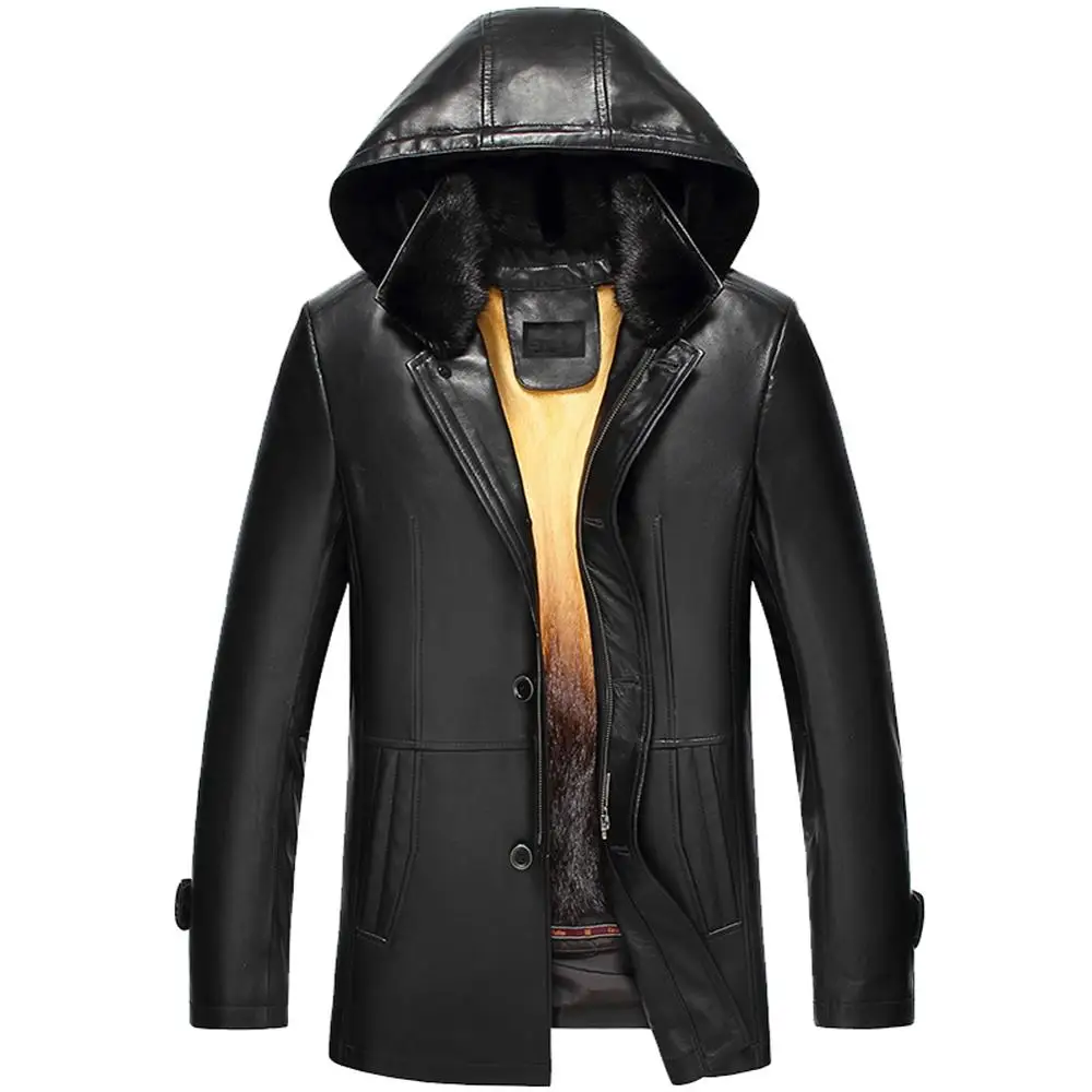 Мужское пальто из овечьей шкуры черная норковая шуба со съемным капюшоном