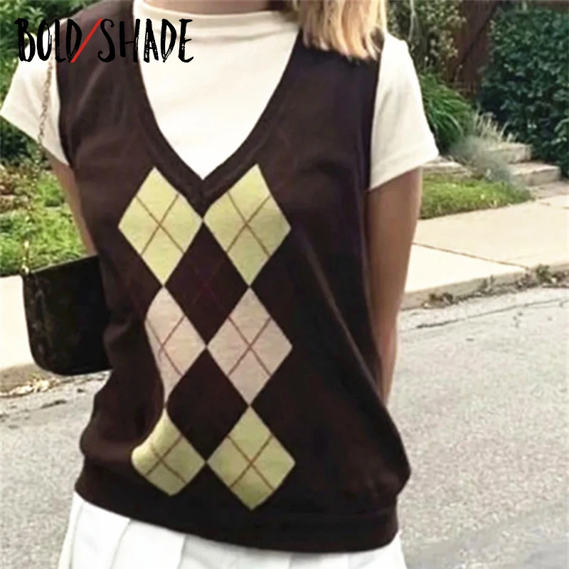 

Bold Shade 90s Streetwear Grunge Pullover Sweater Y2K Argyle V-Neck Sleeveless Brown Sweater Vest Women Fall Winter Vintage Tops