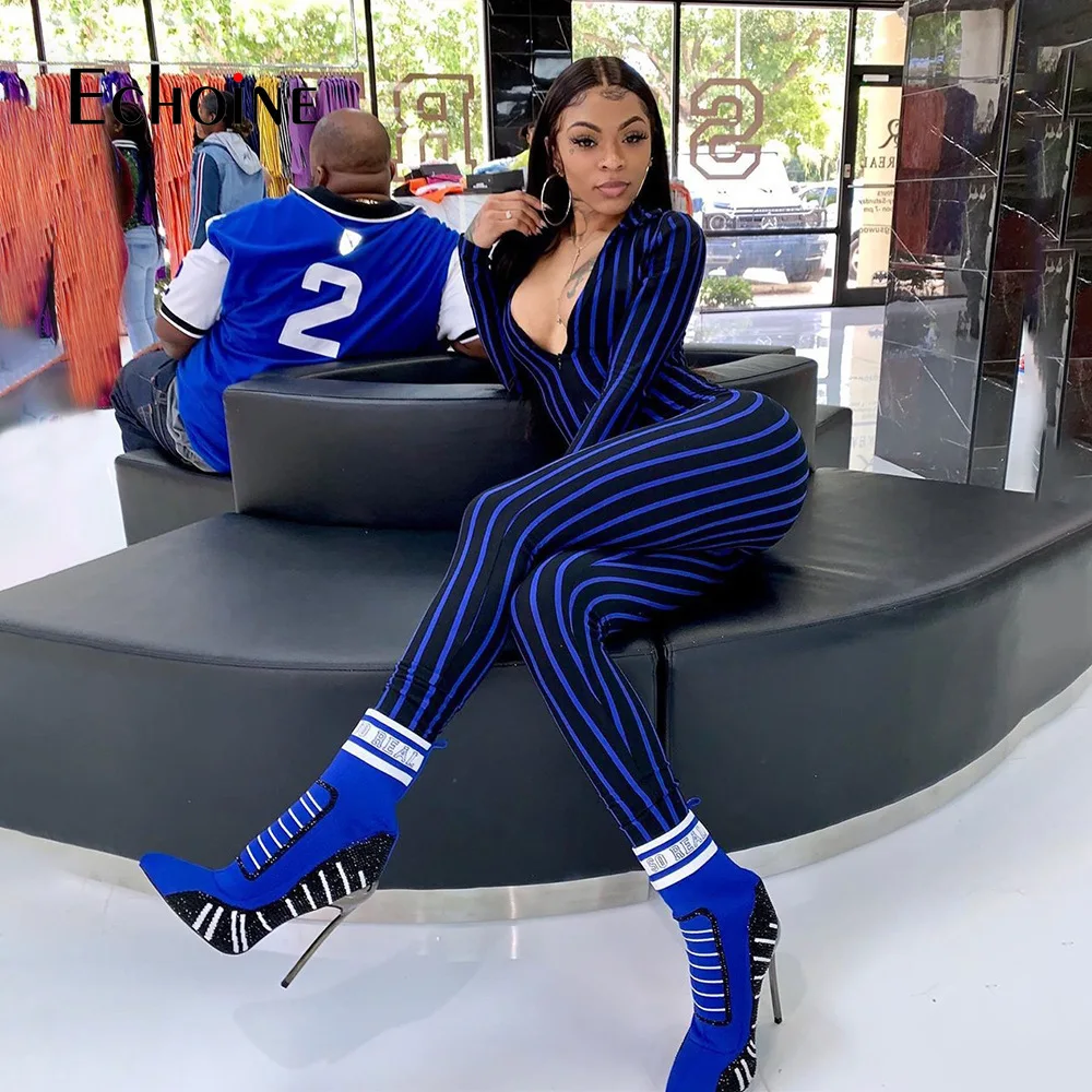 fashion sexy striped V-neck long sleeve slim jumpsuit 2019 New autumn women high waist streetwear club bodysuit female Overalls | Женская