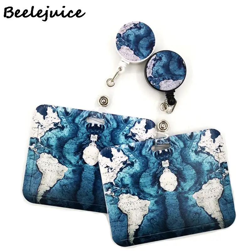 

Blue World Map Horizontal Retractable Badge Lanyard Nurse ID Business Credit Card Work Badge Office Clips Card Cover Holder Gift