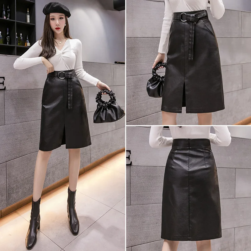 Юбка-футляр из искусственной кожи REALEFT Осень-зима 2021 черная с ремнем высокой