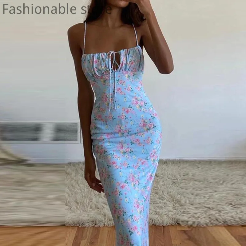 

2021 INS Women Floral Print Slim Strapless Dress Elegant Sexy Spaghetti Strap Pencil Dresses Female Vestido
