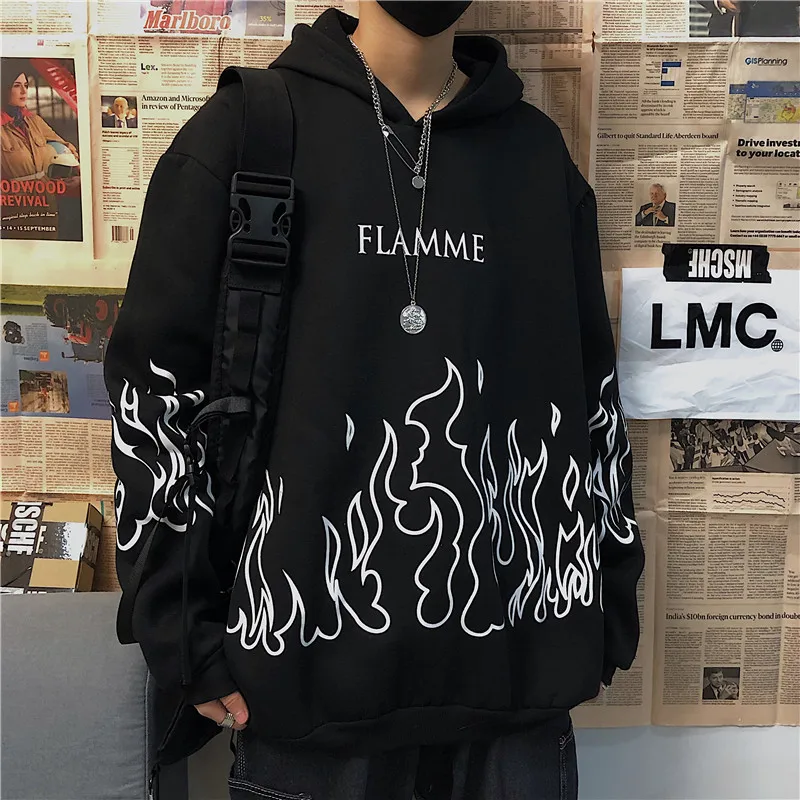 

Harajuku Hoodies Men Women Autumn Winter Flame Print Loose Korean Style Hooded Pullover Grunge Streetwear Sweatshirt