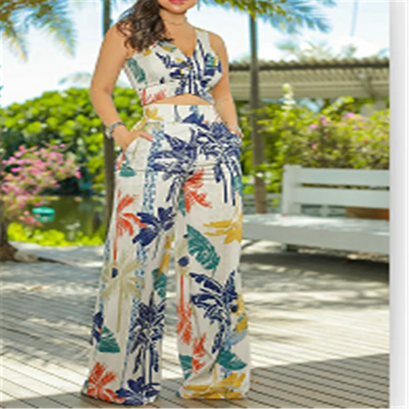 

Summer Women Casual Two-piece Clothes Set Printed Pattern V-neck Vest and Elastic Waist Wide-leg Trousers