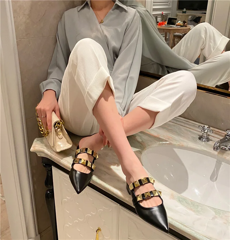  2021 New Brand Women Flat Slippers Fashion Rivet Close Toe Mule Shoes Slip on Casual Loafers Outdoor Slides Flip Flops | Обувь
