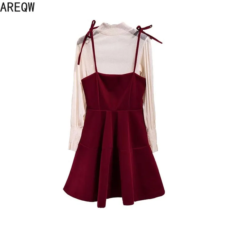 Женский прозрачный топ с длинными рукавами фонариками + платье комплект из 2