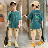 teen boys clothes set kids cargo pantsdinosaur t shirt print costume summer tops pants children clothing boys 6 12 year ye04212