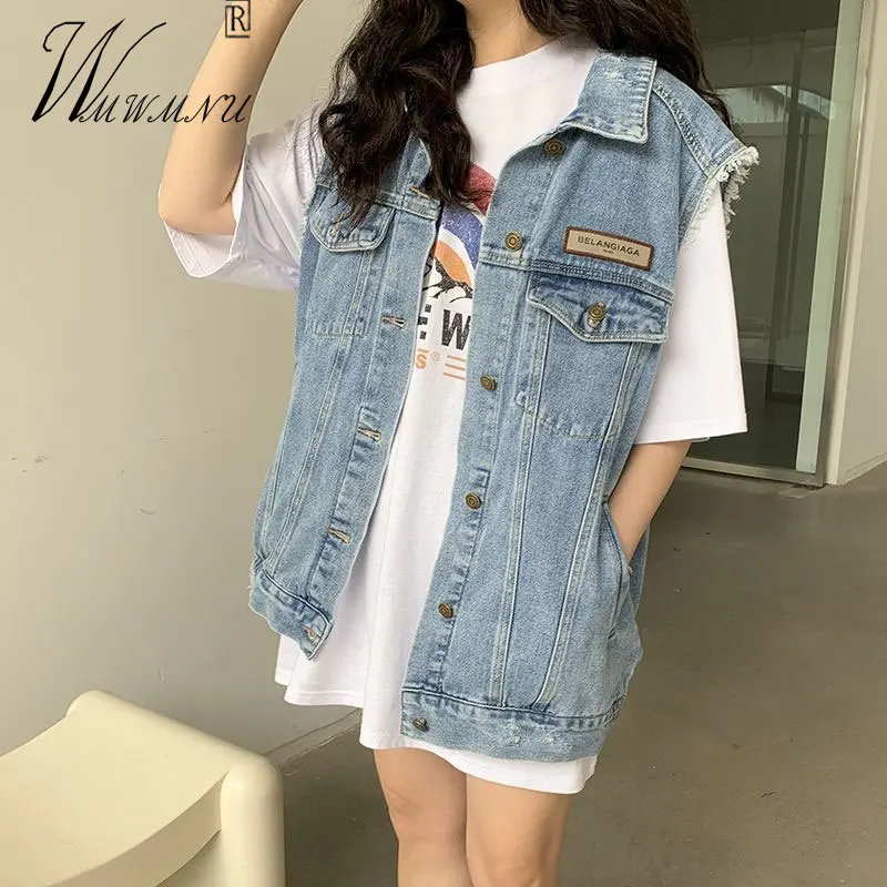 

2021 New All-Match Denim Vest Teens Streetwear Fashion Casual Loose Frayed Jeans Coat Korean Style Sleeveless Outwear Top Women