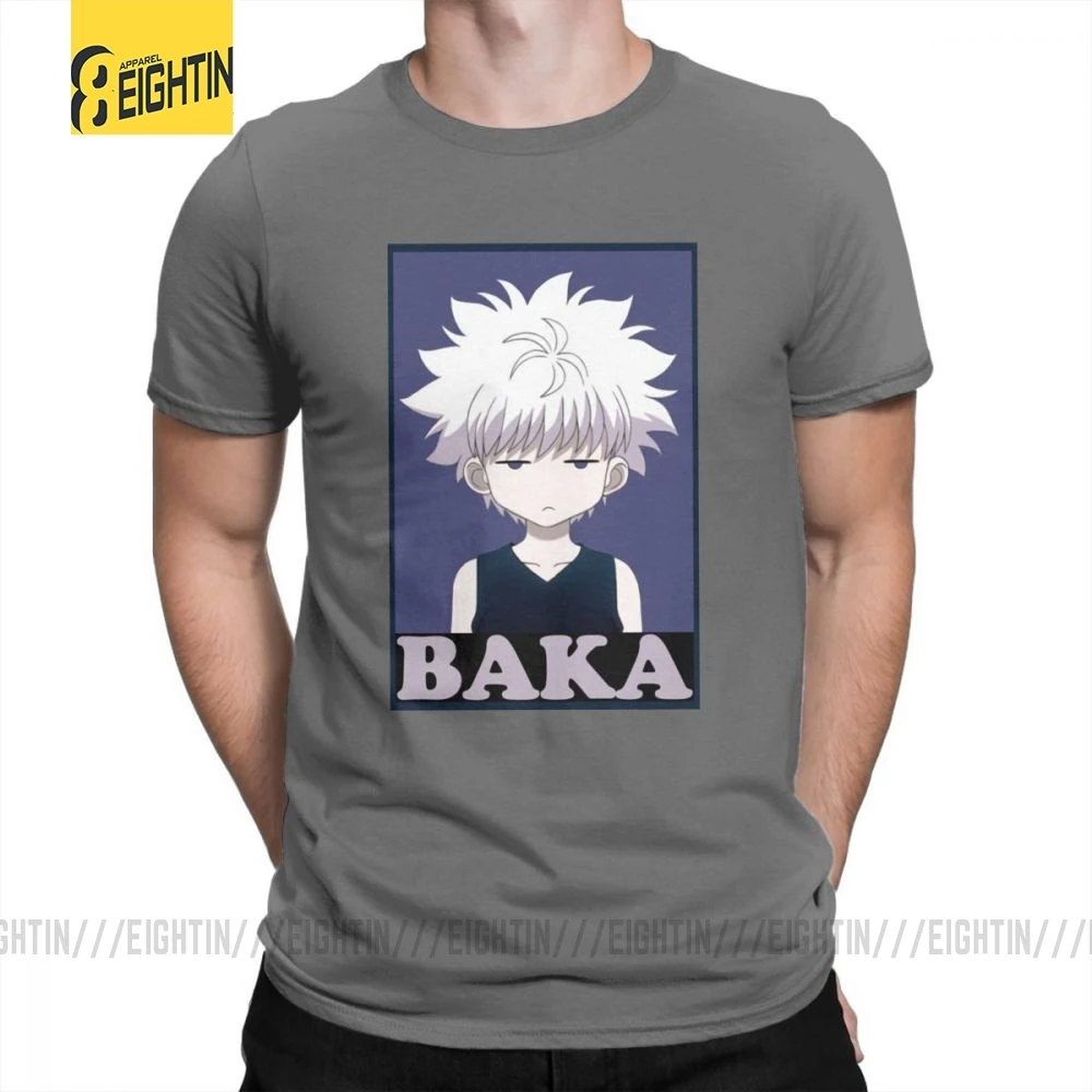Охотник х Хантер футболки Killua Zoldyck Baka классический комикс о-образный вырез с коротким рукавом классический крой Чистый хлопок футболки мягкие мужские футболки - Цвет: Темно-серый