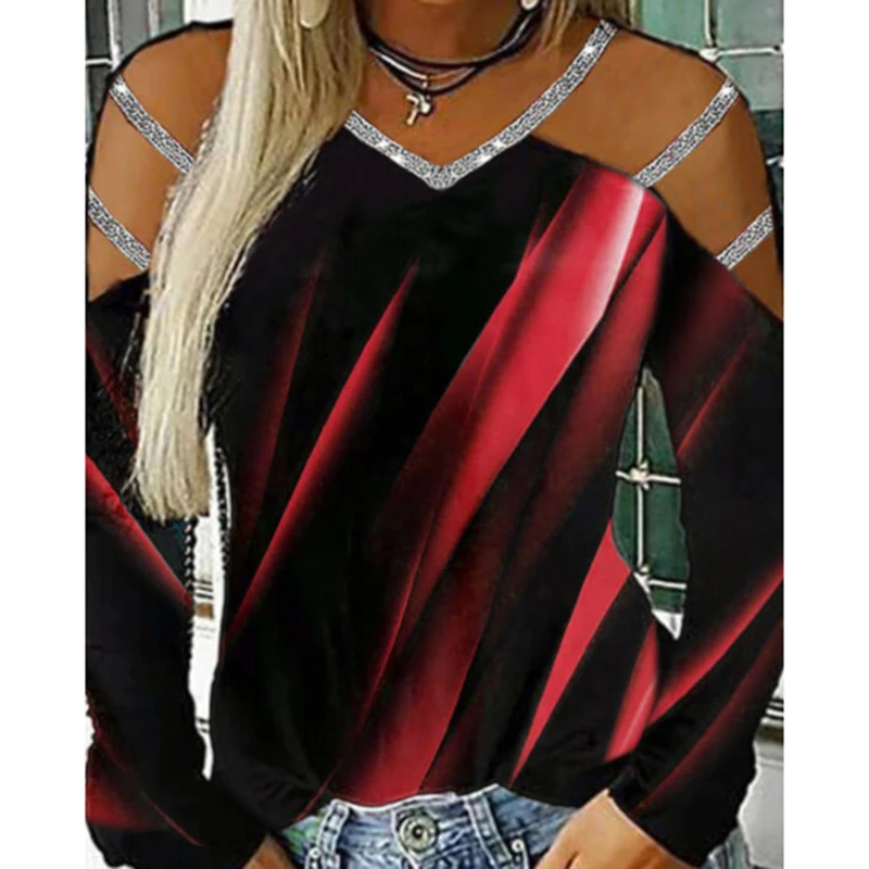 Футболка женская с длинным рукавом и V-образным вырезом | Женская одежда