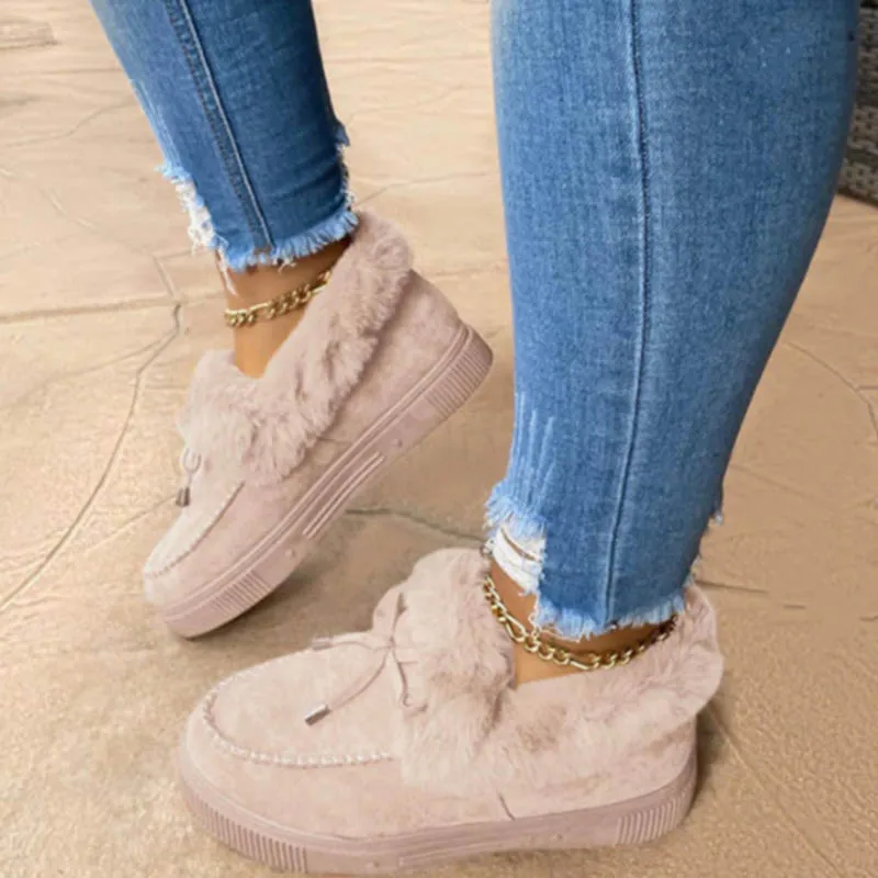 

New Women Winter Cotton Shoes Bowknot Plush Warm Snow Boots Ladies Casual Flat Short Boots Solid Color Furry Females Feetwear