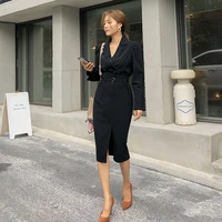 2021 new spring sheer office work suit set for ladies winter long sleeve double breasted blaze and slim wrap bodycon skirt women