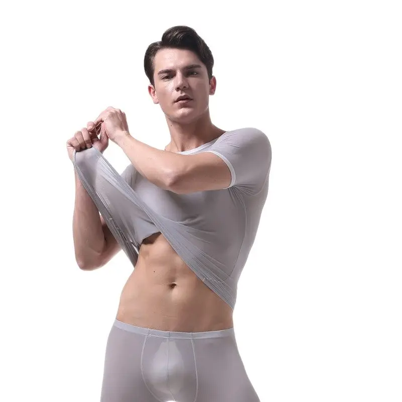 Mens Ice Silk Ultra-Thin Short-Sleeved T-Shirt Sexy Translucent Tight Smooth Shape Body Camiseta Funny T Shirts Camisetas Hombre | Мужская