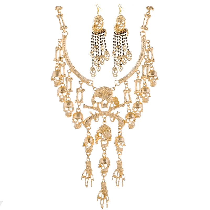 LZHLQ Skull Necklace Earrings Sets Skeleton Head Long Chain Female Fashion Accessories Collar Necklace Punk Women Chunky Jewelry