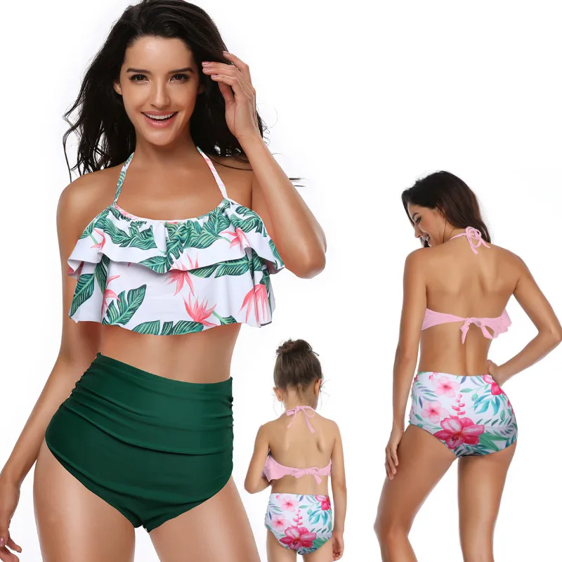 Купальный костюм для мамы и дочки комплект из двух предметов бикини с цветочным