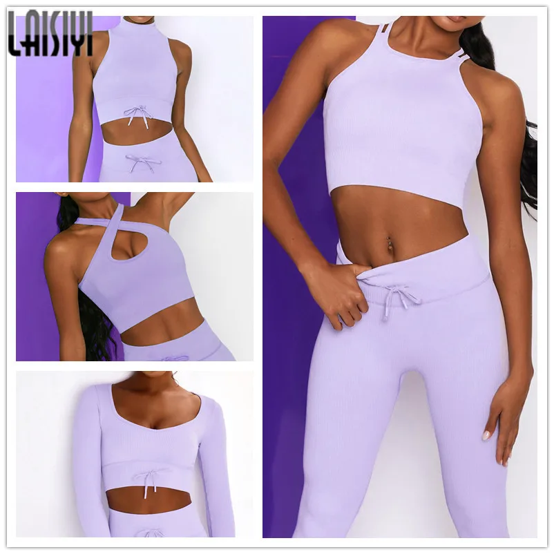 

Two Piece Set Women Candy 6 Colors 2pcs Two Piece Crop Top Bra Drawstring Leggings Shorts Sportsuit Workout Outfit Summer Suit