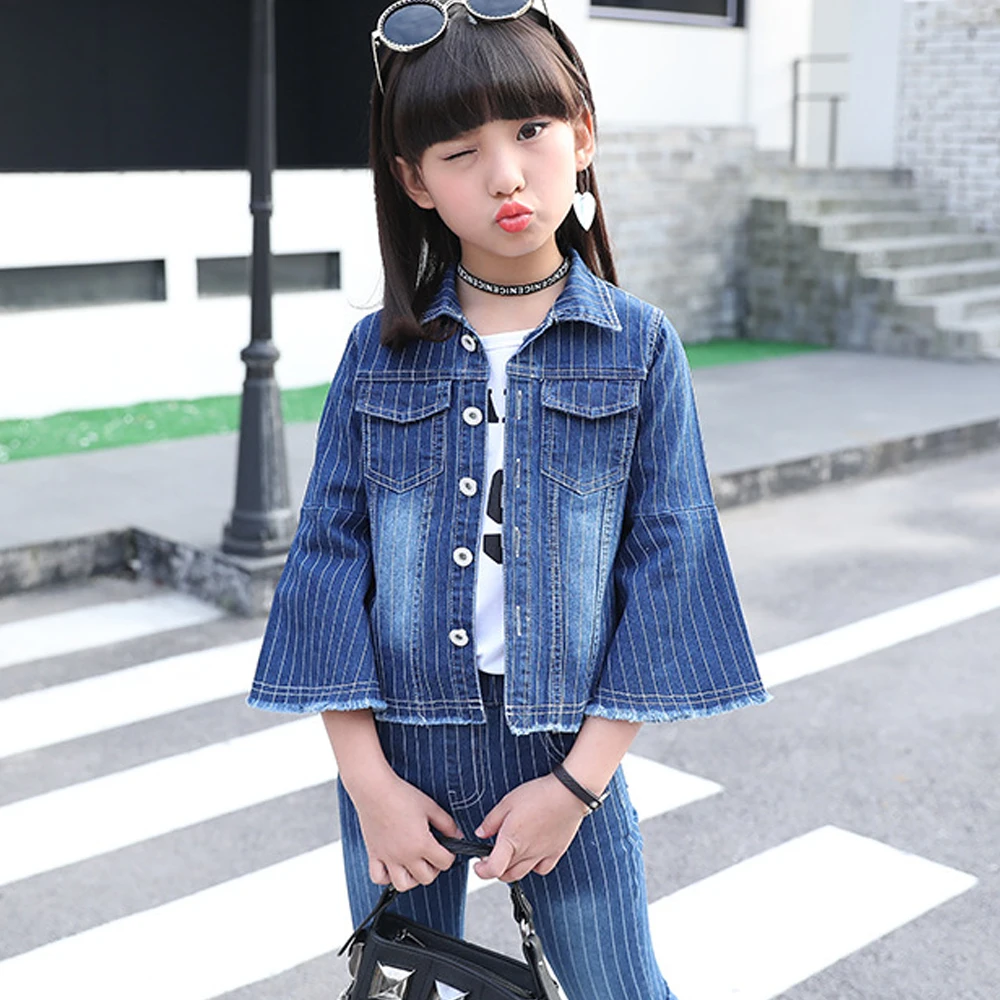 Детский джинсовый комплект для девочек модные джинсы в полоску с