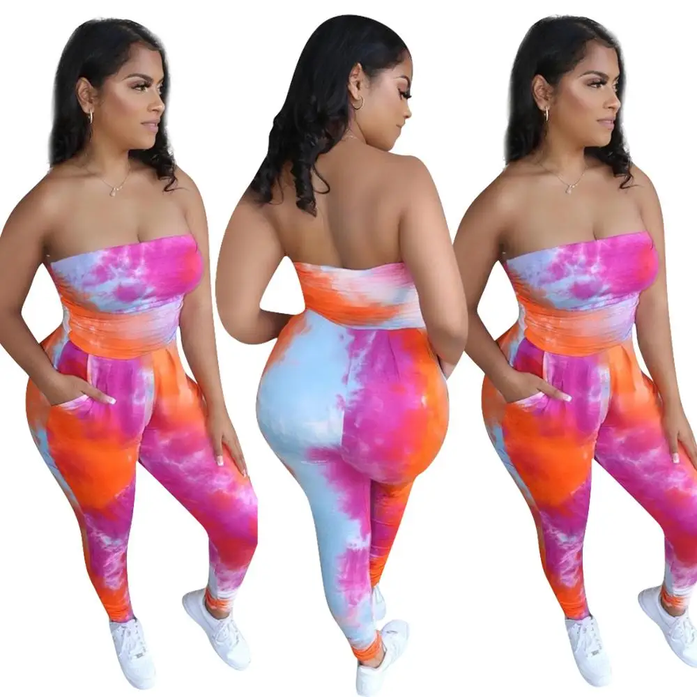 

2020 Summer Women Jumpsuits Rompers Strapless Tie-dye Print Backless Sexy Night Club Party Bandage One Piece Outfits