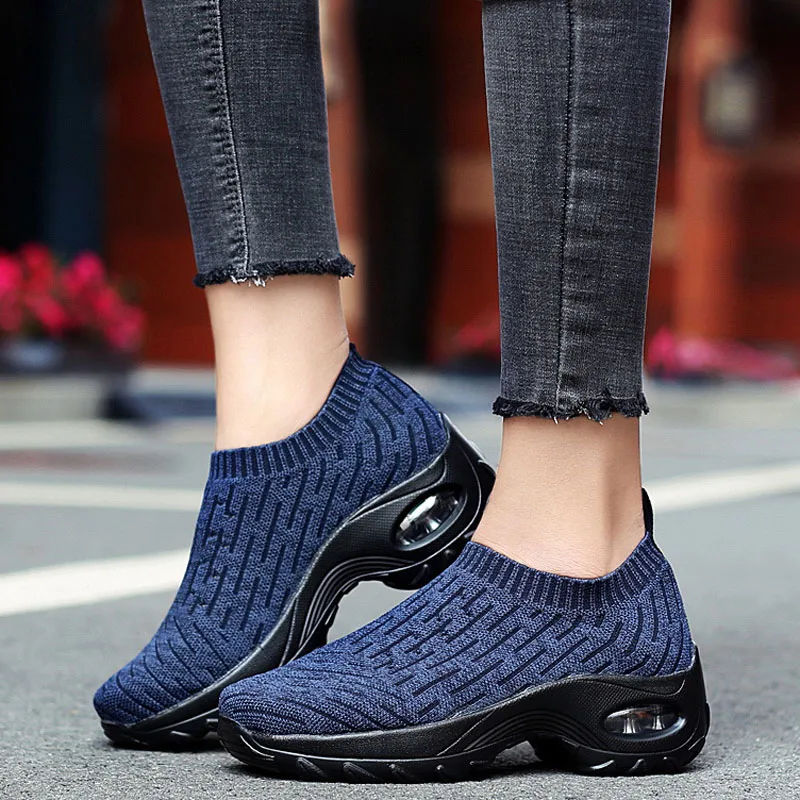 Кроссовки носки женские на платформе дышащие вязаные без шнуровки спортивная