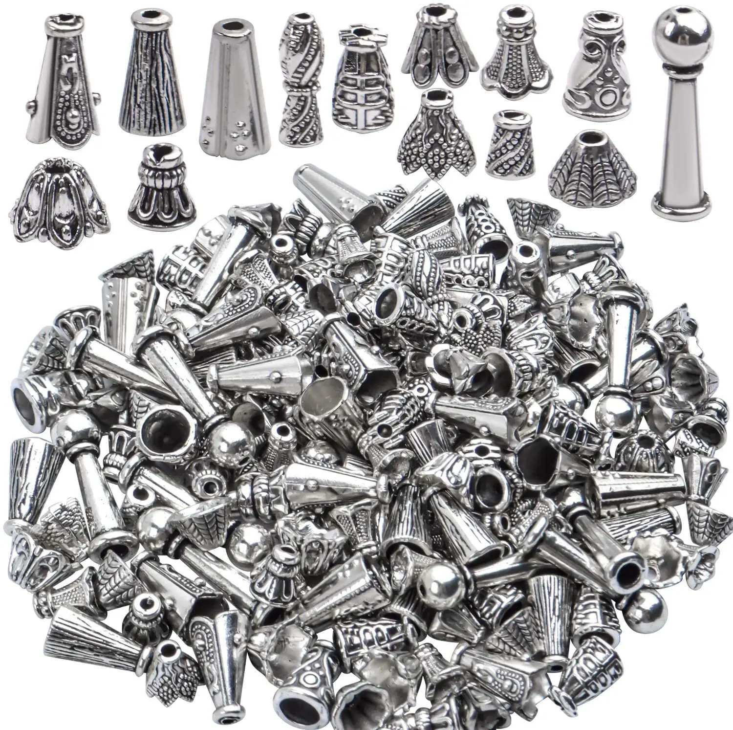 100 Gram(About 130-190pcs)Mixed Antique Silver Cone Bead Caps Flower Spacer Beads Tassel End Cap for DIY Jewelry Making Supplies