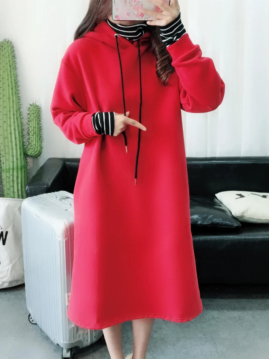 Свободное платье обманка с капюшоном из двух частей 2018 модное Теплое
