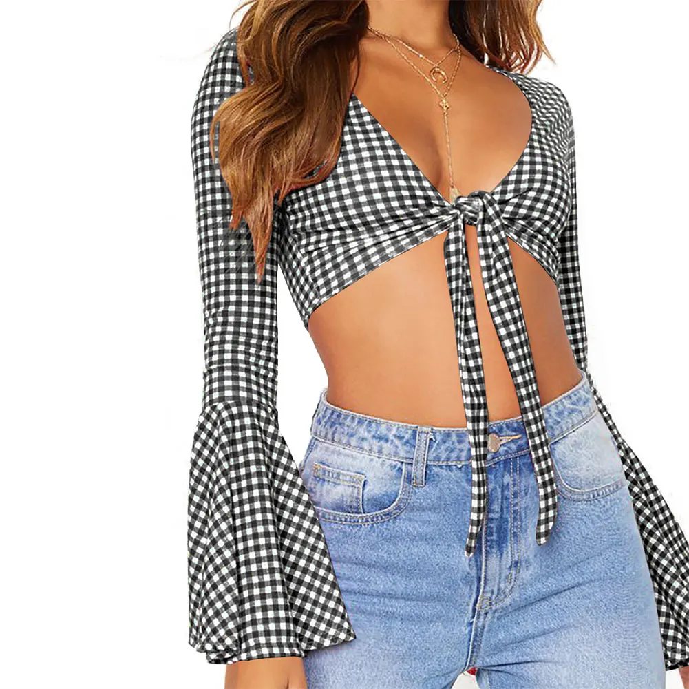 Женский укороченный топ на завязках клетчатая рубашка с глубоким V образным