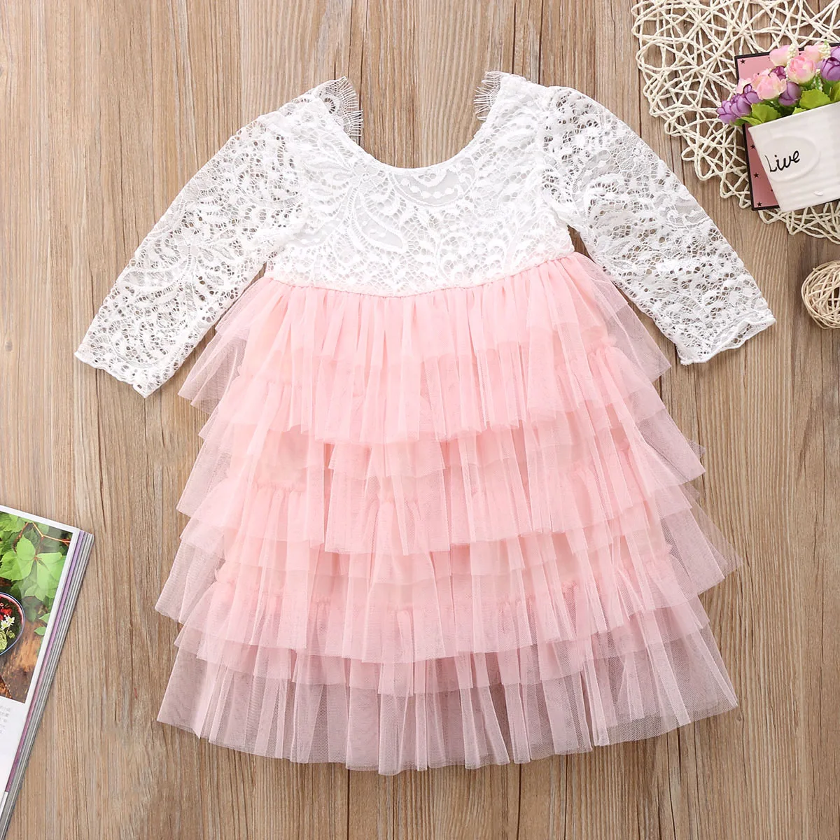Trendy Lace Embroidered Long sleeve Tulle Party Dress for Toddler Girl |
