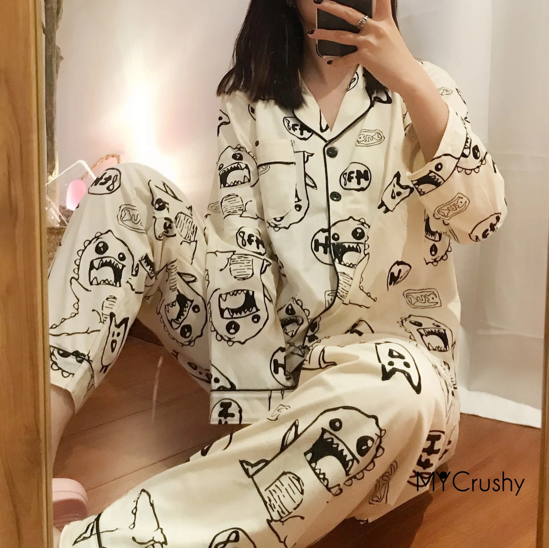 

Пижама женская хлопковая, с длинным рукавом, с принтом динозавра