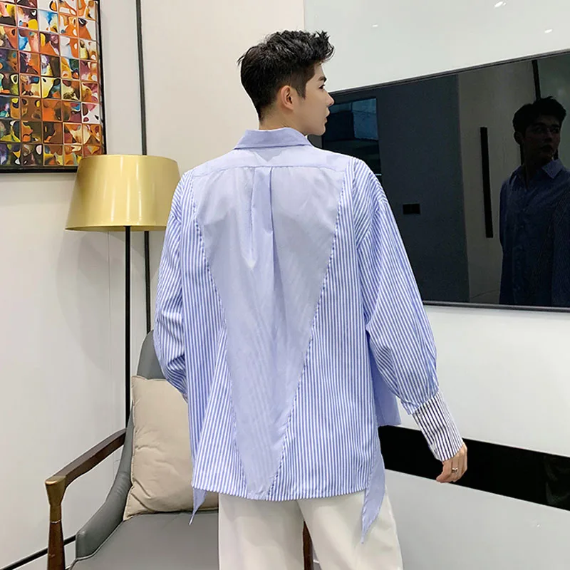 

New Male Streetwear Fashion Hip Hop Loose Korea Style Couple Blouse Shirt Men Irregular Stripe Splice Casual Long Sleeve Shirt