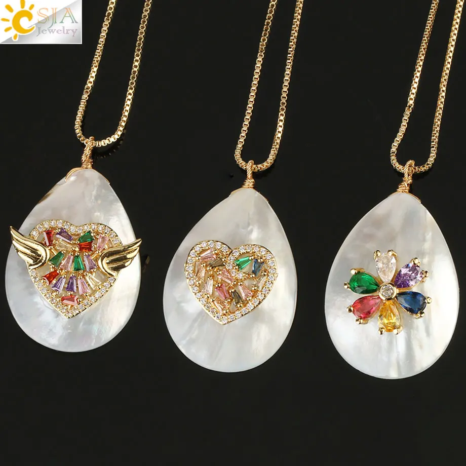 Csja Капля воды белый Абалон оболочки кулон ожерелье жемчужные раковины золотого