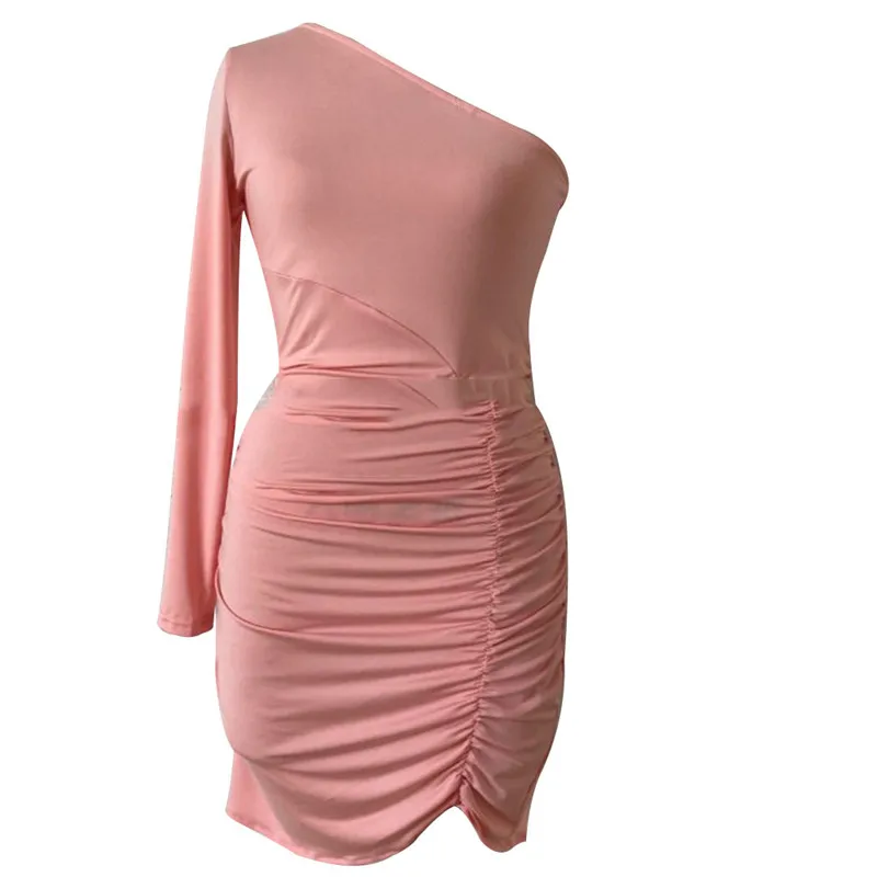 Women One Shoulder Long Sleeve Bodycon Mini Dress For 2021 Sexy Lady Solid Pink Irregular Clubwear Skinny | Женская одежда