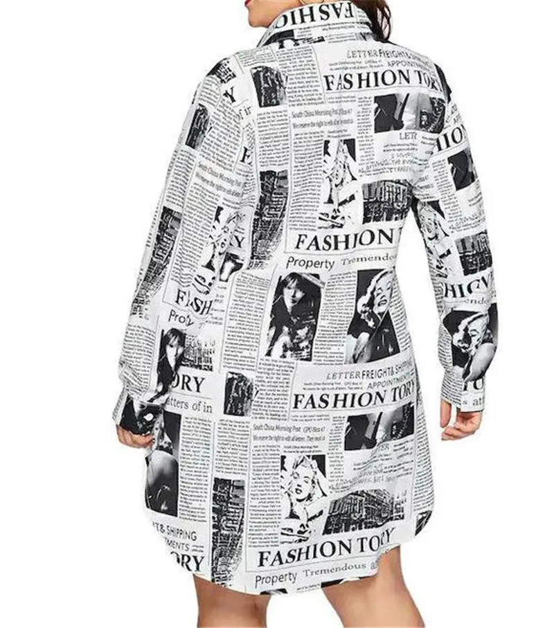 4XL 5XL Women Plus Size Dress Long Sleeve Newspaper Print Button Shirt Ladies Casual Loose Large Vestidos Mujer | Женская одежда