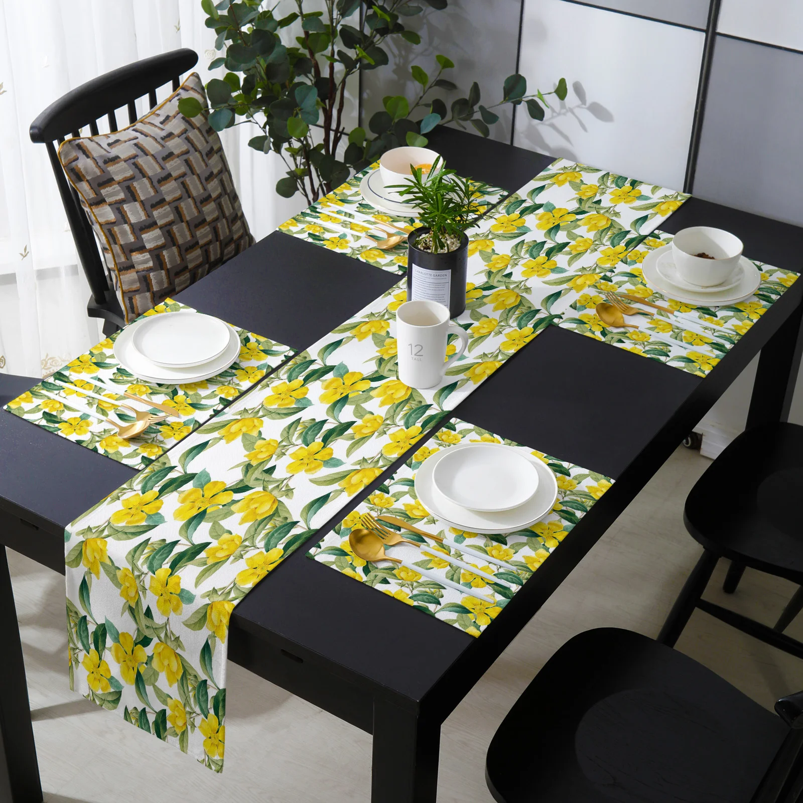 

Vintage Yellow Flower Table Runner Set Coffee Dining Table Decor Table Cover Wedding Table Decor Tablecloth