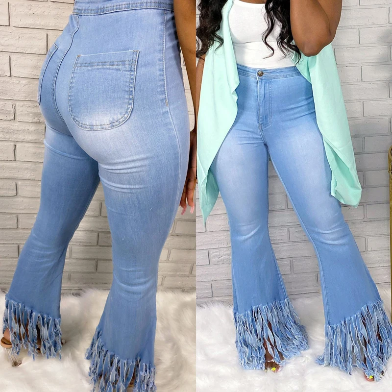 

Women High Waist Flare Jeans Bell Bottoms Tassels Jeans Denim Skinny Jeans Plus Size Pencil Flare Pants Trouses
